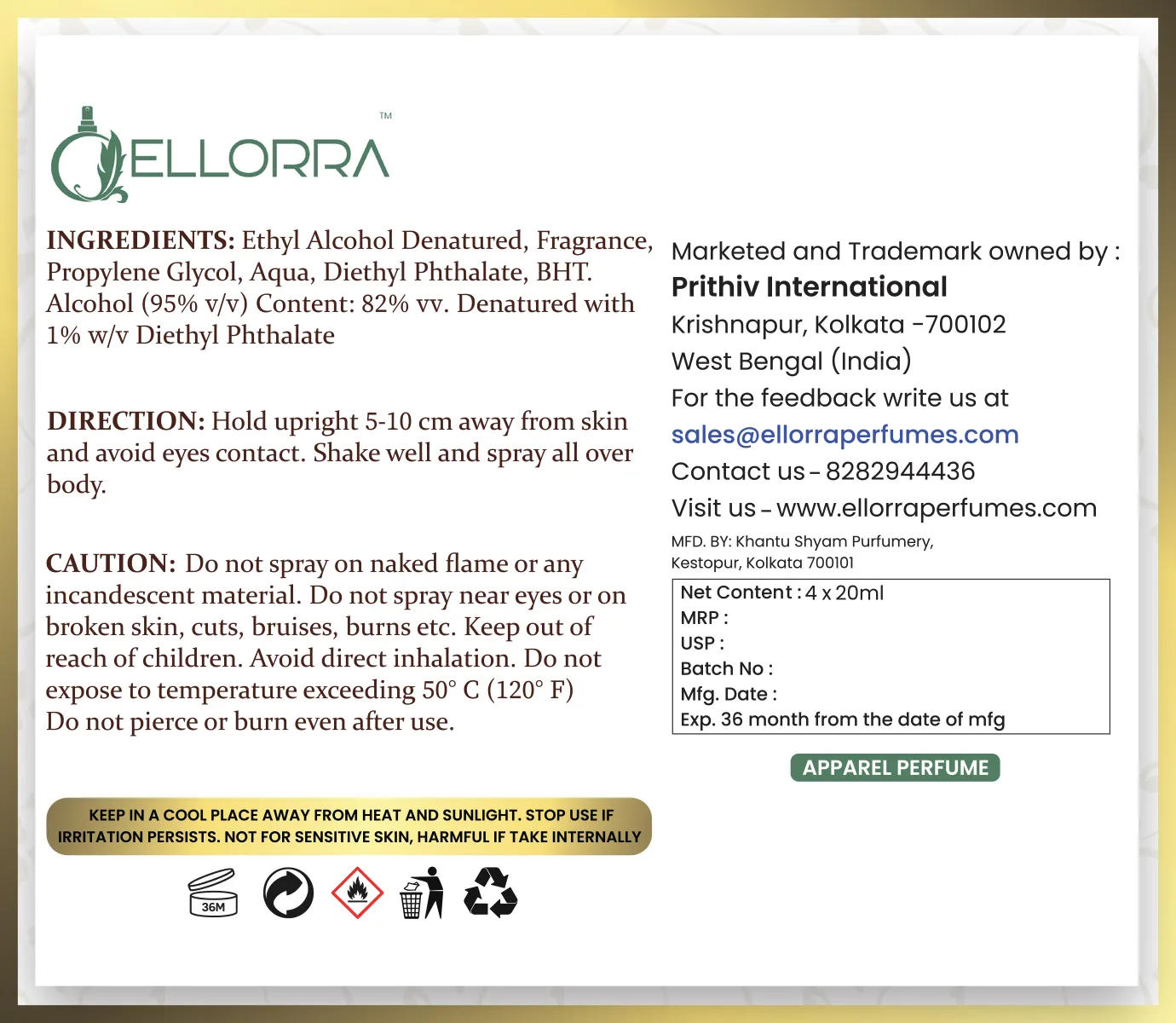 Ellorra Premium Pack of 4- Flora | Black | Sports | Aura Perfume